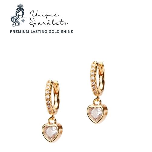 Gold Crystal Heart Drop Huggie Earrings