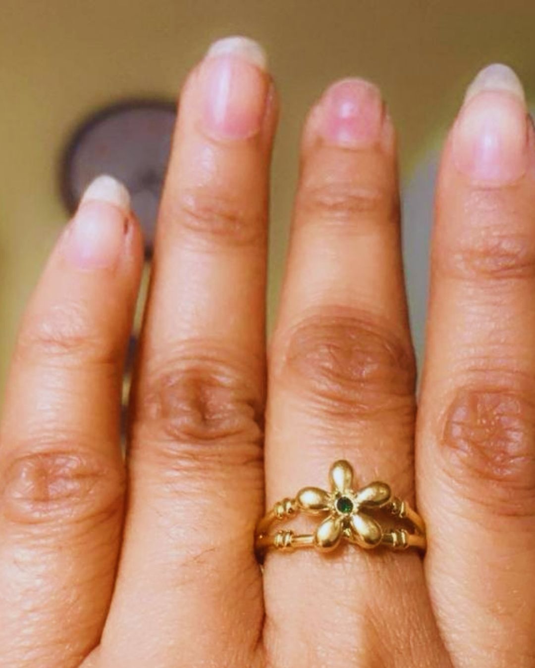 Gold Puffed Flower Ring with Emerald Green Center