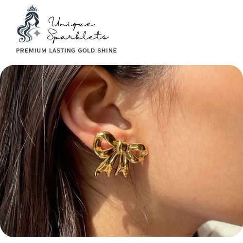 Gold Ribbon Bow Stud Earrings