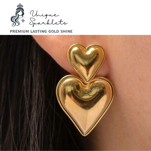 Double Puffy Gold Heart Drop Earrings
