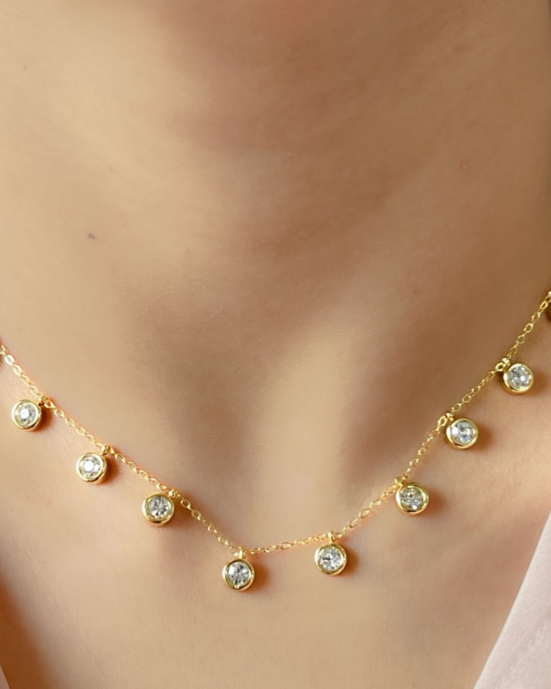 Gold Bezel Crystal Fringe Necklace