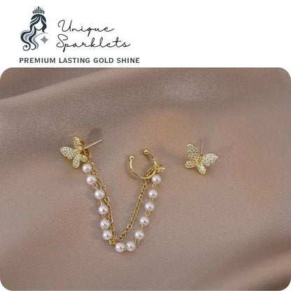 Crystal Butterfly & Pearl Chain Ear Cuff
