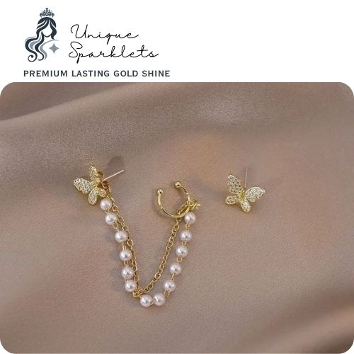 Crystal Butterfly & Pearl Chain Ear Cuff