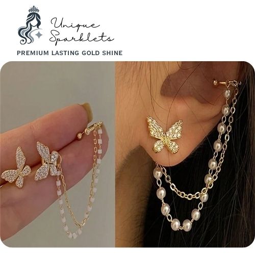 Crystal Butterfly & Pearl Chain Ear Cuff