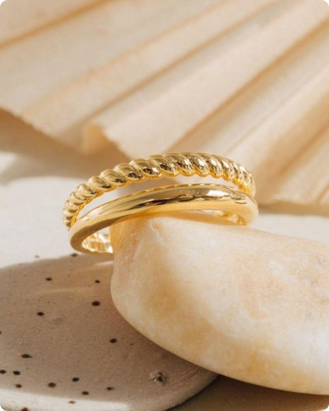 Gold Double-Row Twisted Rope & Smooth Band Ring