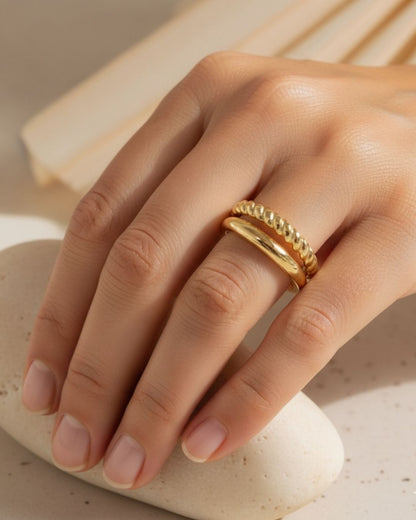 Gold Double-Row Twisted Rope & Smooth Band Ring