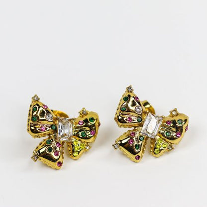 Gold Jeweled Puffy Bow Stud Earrings