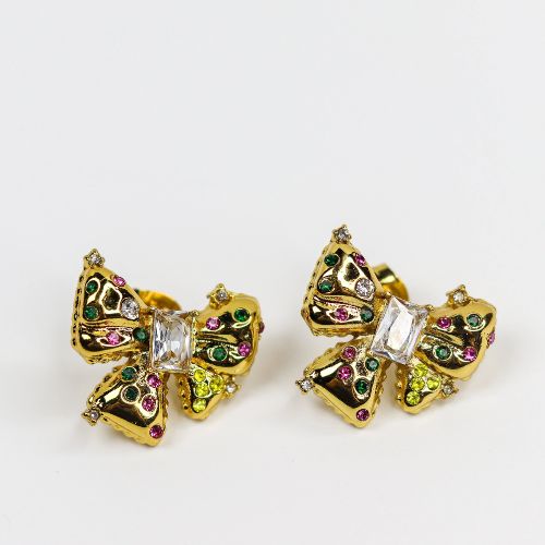 Gold Jeweled Puffy Bow Stud Earrings