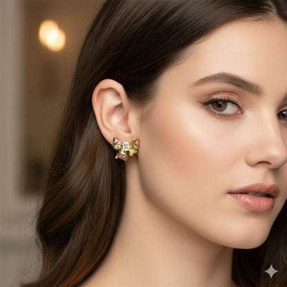 Gold Jeweled Puffy Bow Stud Earrings