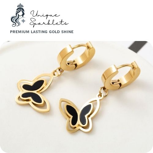 Gold & Black Butterfly Drop Huggie Earrings