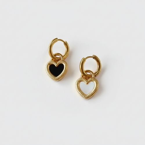 Black &white Enamel Heart Drop Hoops