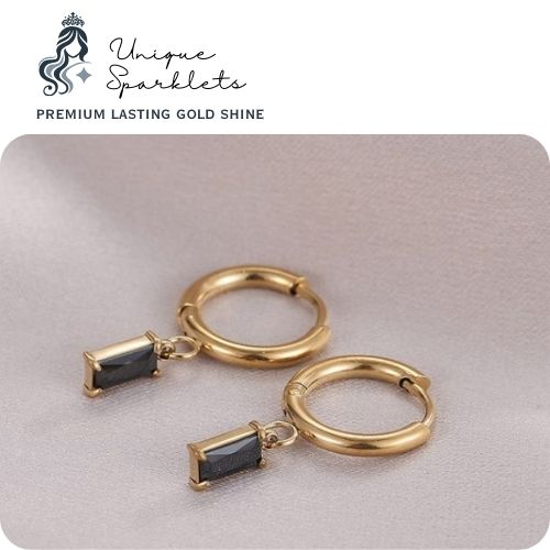 Gold & Black Baguette Drop Huggie Earrings
