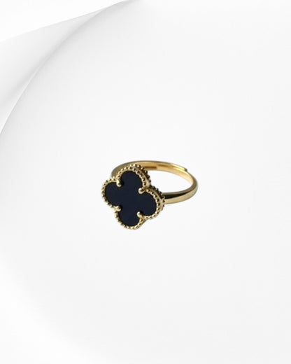 Black Onyx Four-Leaf Clover Adjustable Ring