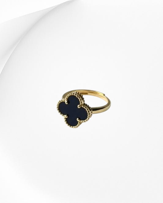 Black Onyx Four-Leaf Clover Adjustable Ring
