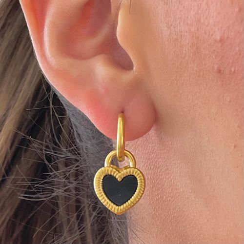 Black &white Enamel Heart Drop Hoops