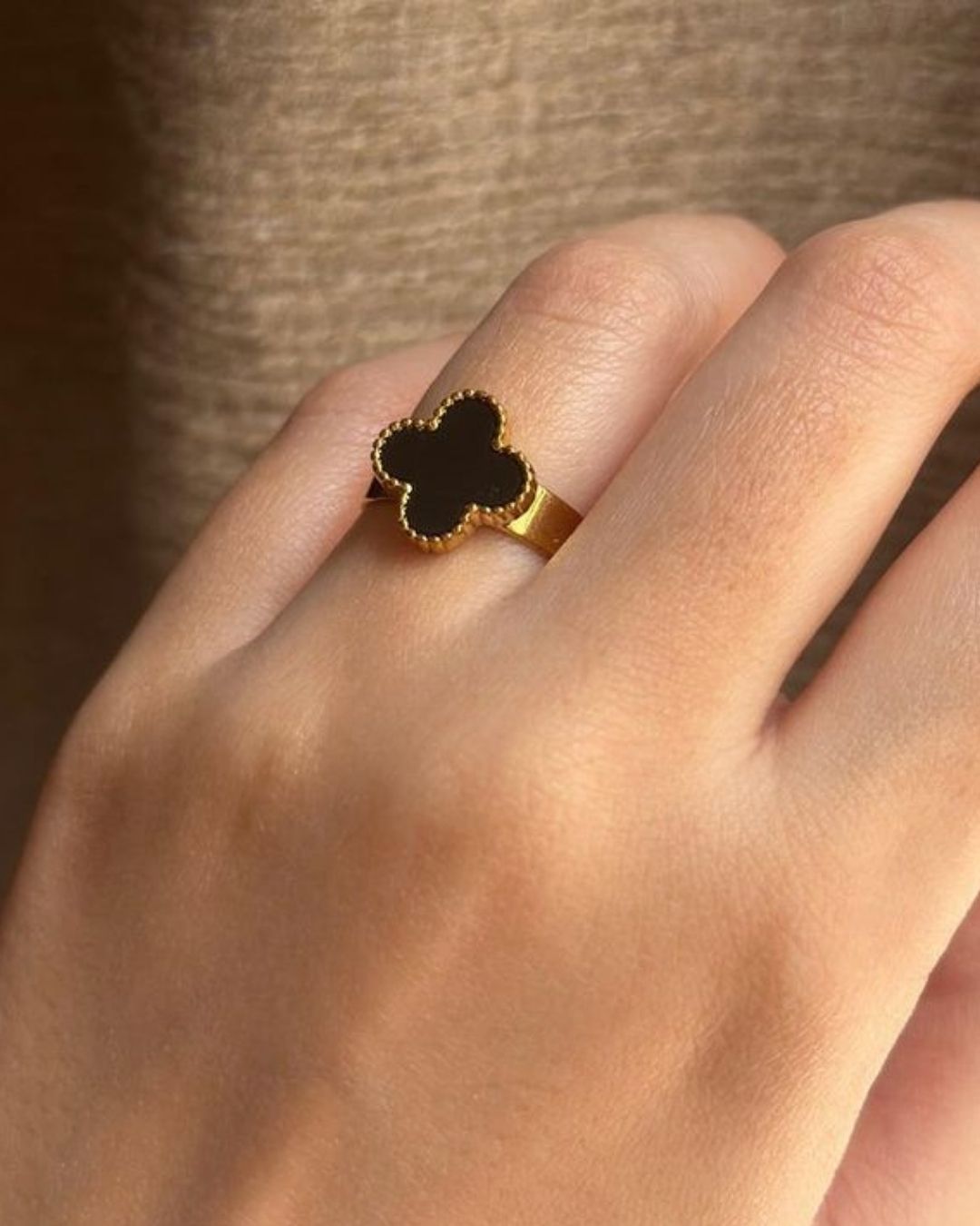 Black Onyx Four-Leaf Clover Adjustable Ring