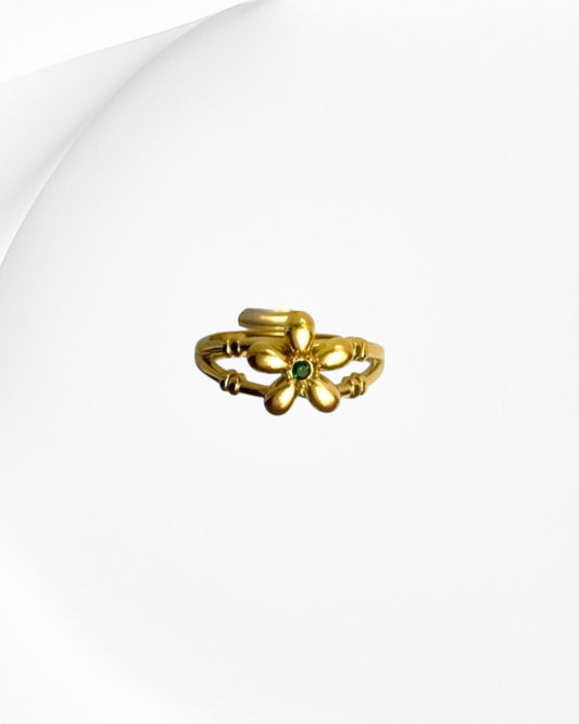Gold Puffed Flower Ring with Emerald Green Center