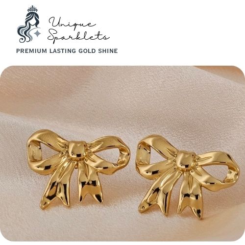 Gold Ribbon Bow Stud Earrings