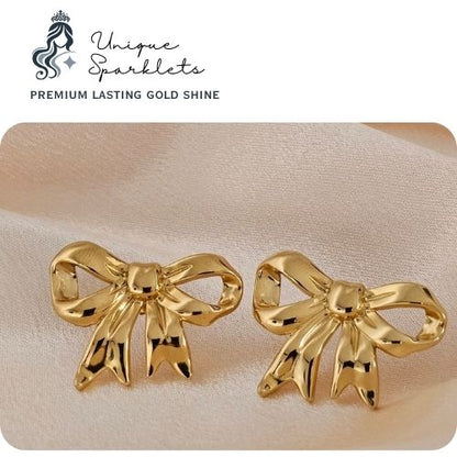 Gold Ribbon Bow Stud Earrings