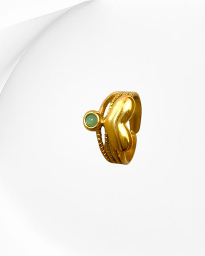 Puffy Heart & Green Cabochon Multi-Textured Ring