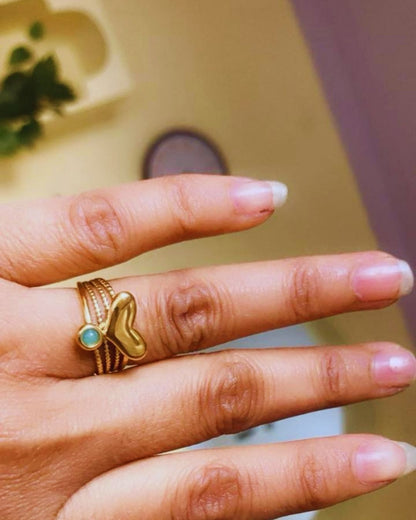Puffy Heart & Green Cabochon Multi-Textured Ring