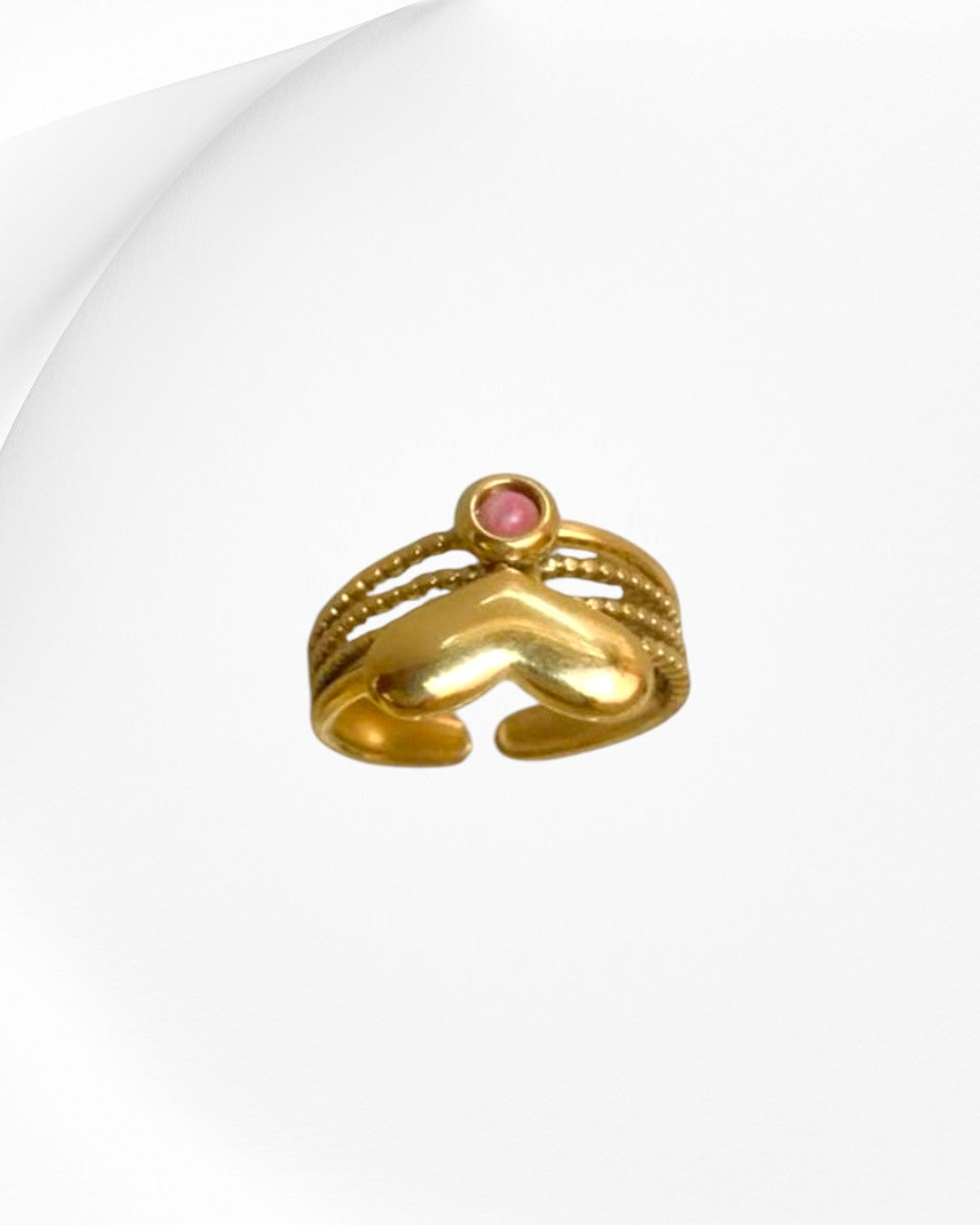 Gold Puffed Heart & Pink Cabochon Stack Ring