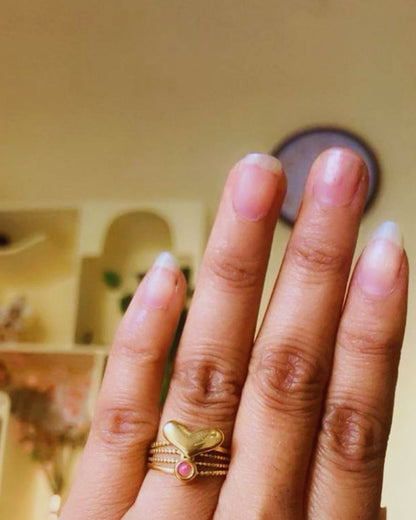 Gold Puffed Heart & Pink Cabochon Stack Ring