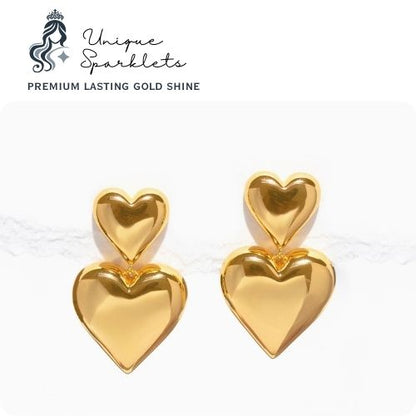 Double Puffy Gold Heart Drop Earrings