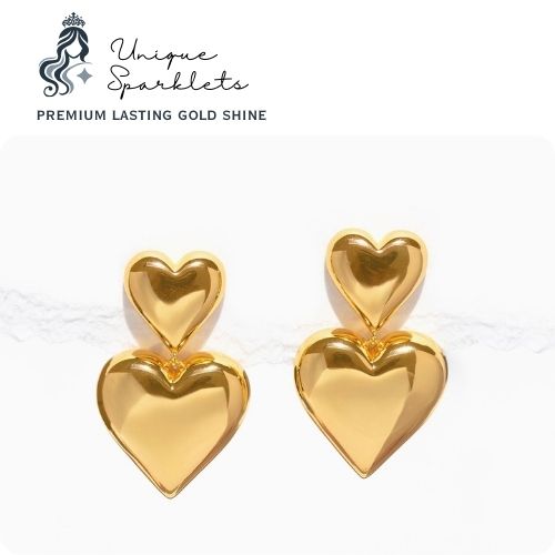 Double Puffy Gold Heart Drop Earrings