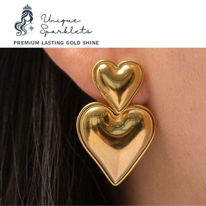 Double Puffy Gold Heart Drop Earrings